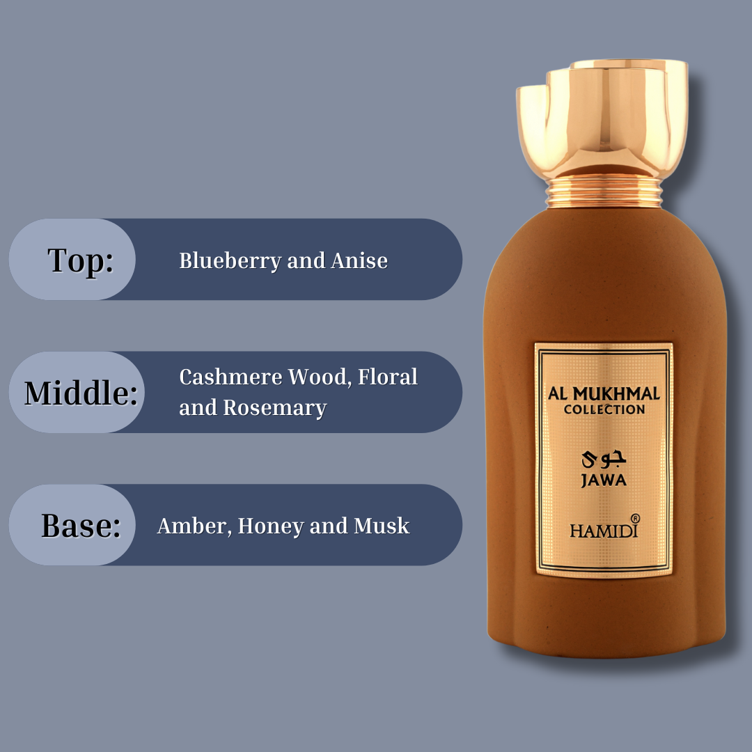 Hamidi Al Mukhmal Jawa Eau de Parfum spray 100ml with velvet pouch, featuring a sleek bottle and elegant packaging.