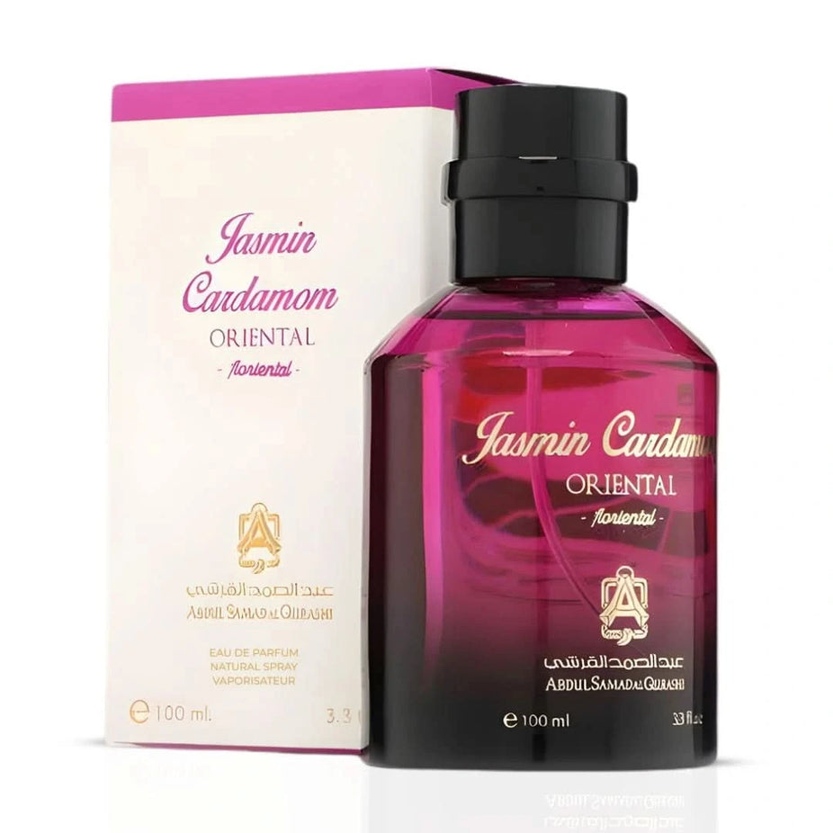 Abdul Samad Al Qurashi Jasmin Cardamom Eau de Parfum spray 100ml, featuring jasmine flowers and cardamom spices.
