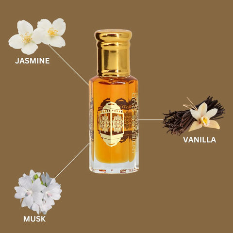 Jasmin oil perfume oil in a 12ml bottle by Intense Oud, displayed in a sleek black gift box with a loose oil bottle.