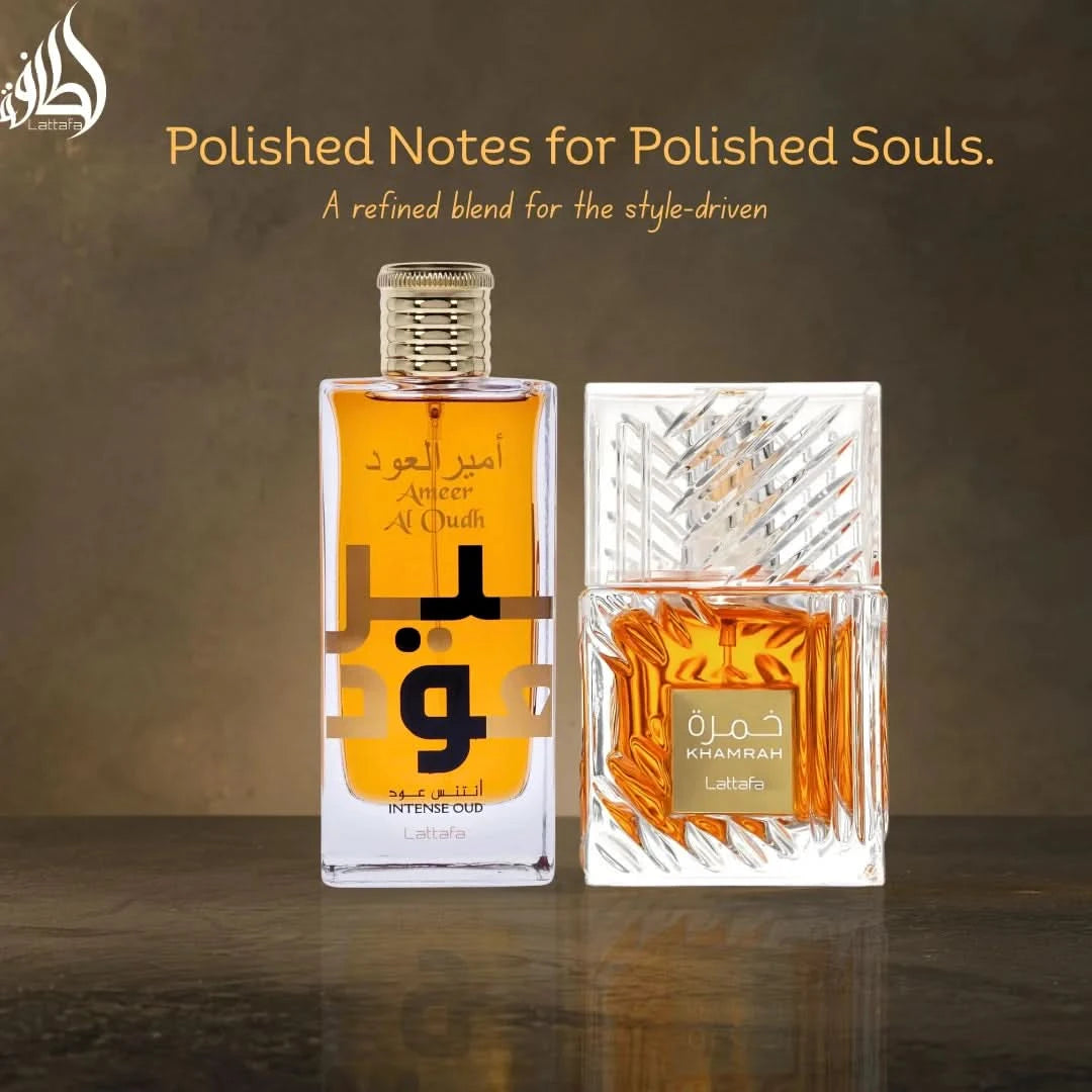 Lattafa Khamrah & Ameer Al Oudh intense oud perfume bundle in 100ml spray bottles, featuring luxurious Middle Eastern fragrance.