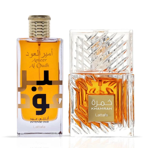 Bundle of Lattafa Khamrah and Ameer Al Oudh Intense Oud Eau de Parfum sprays, featuring 100ml bottles with luxurious oud scents.
