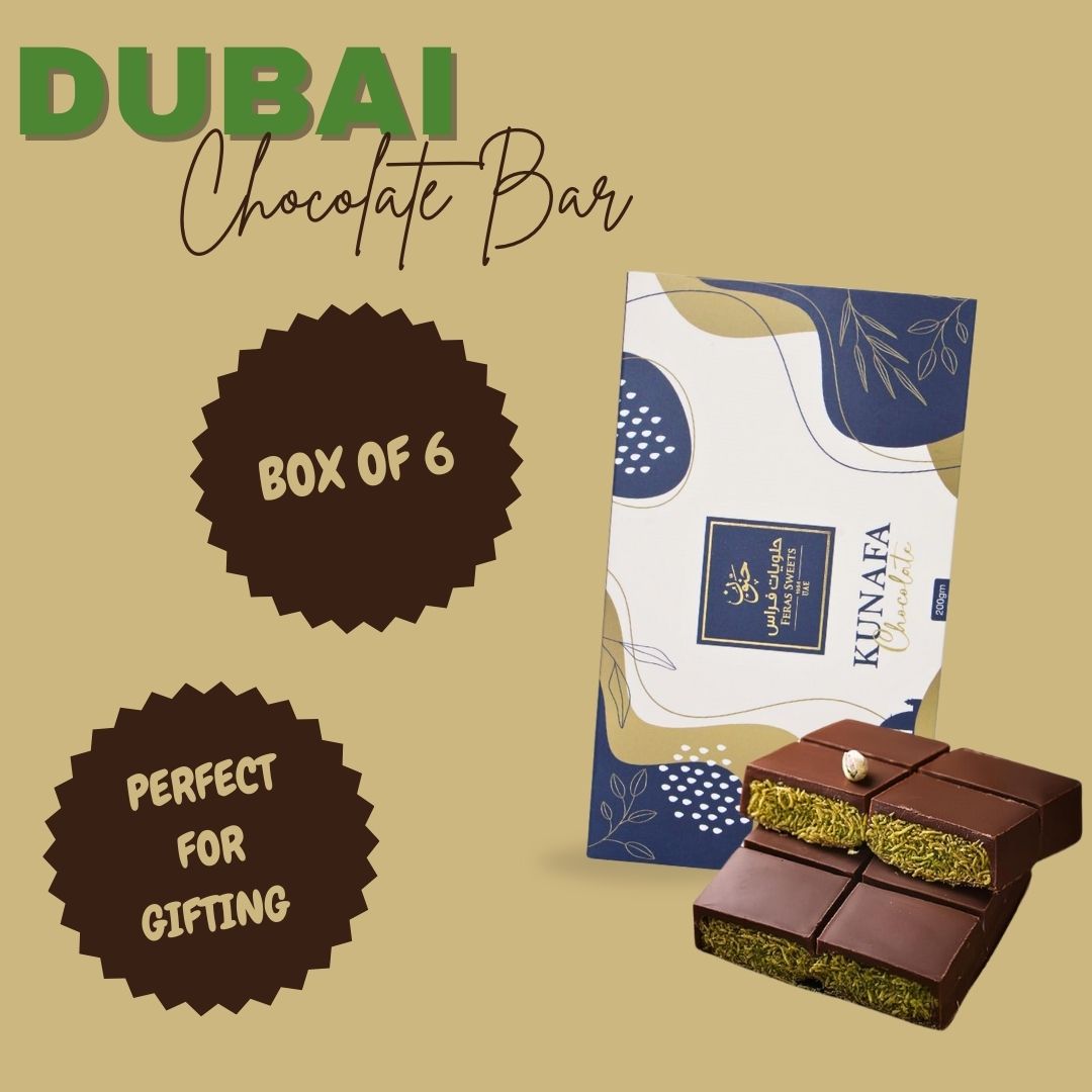 Dubai Kunafa Chocolate Bar 200GMS By Feras Sweets | Rich Chocolate, Creamy Pistachio, Crispy Kunafa, The Viral Dubai Chocolate (BOX OF 6) - Intense Oud