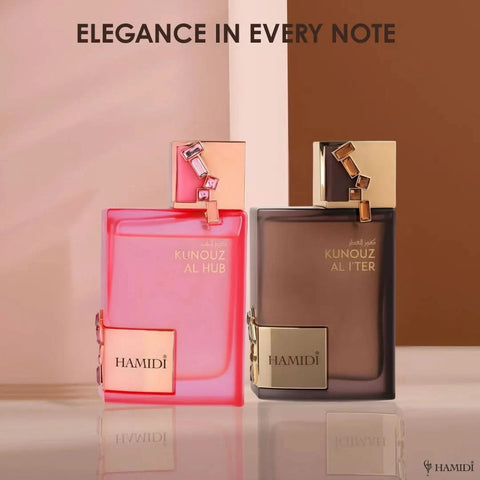 Hamidi Kunouz Al Hub and Kunouz Al Iter Eau de Parfum spray bundle, 100ml bottles, elegant packaging, fragrances displayed.