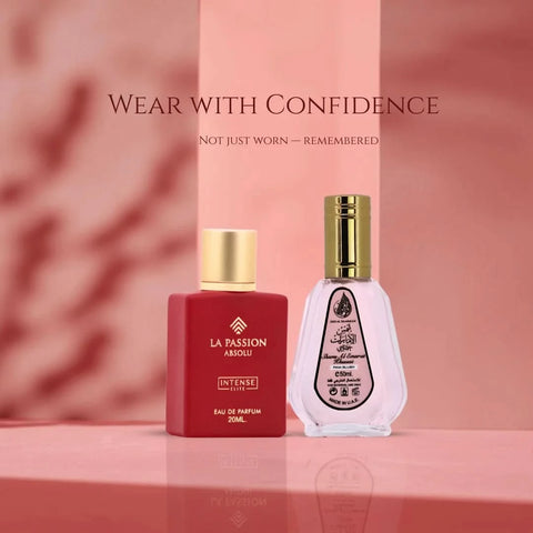Bundle of La Passion Absolu women Eau de Parfum spray by Intense Oud and Pink Blush by Ard Al Zaafaran, 20ml and 50ml bottles.