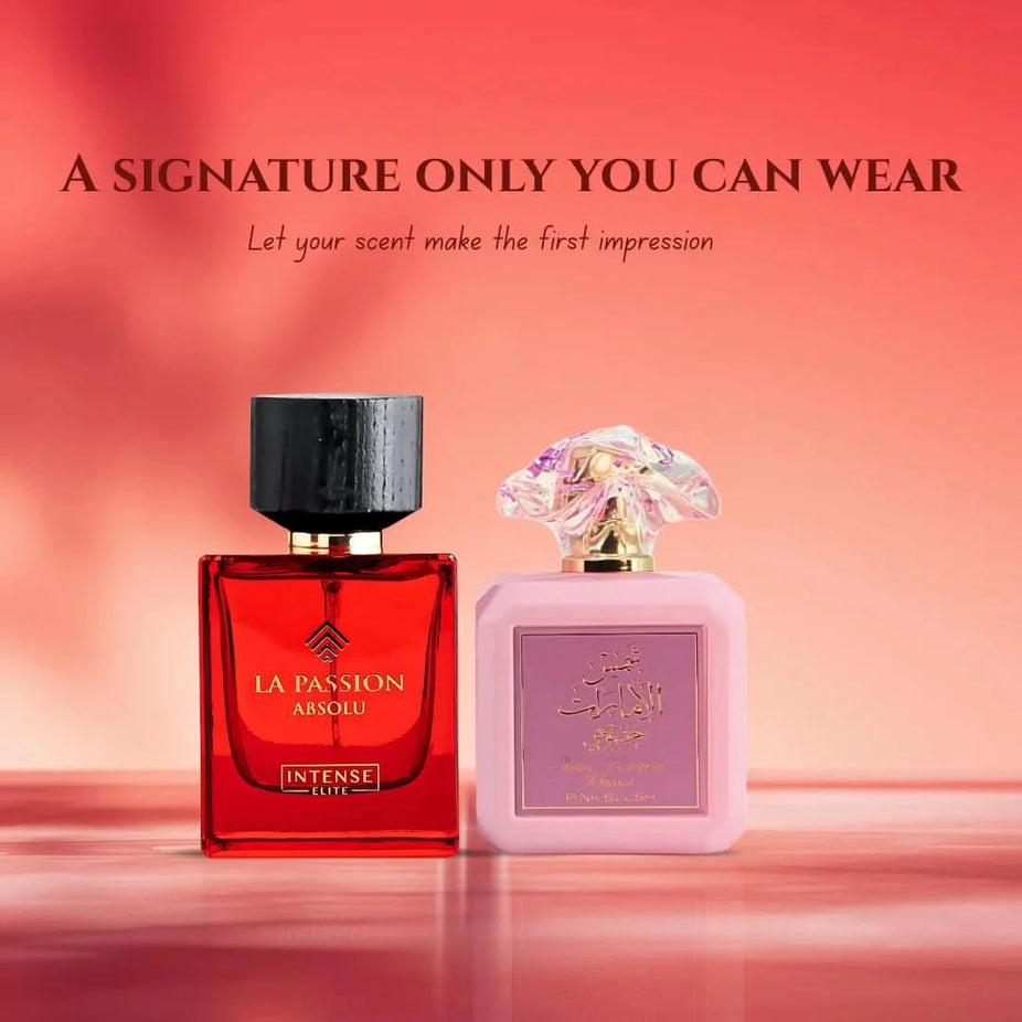 Bundle of La Passion Absolu Eau de Parfum spray by Intense Oud and Pink Blush Shams Al Emarat Khususi Eau de Parfum by Ard Al Zaafaran, 100ml each.