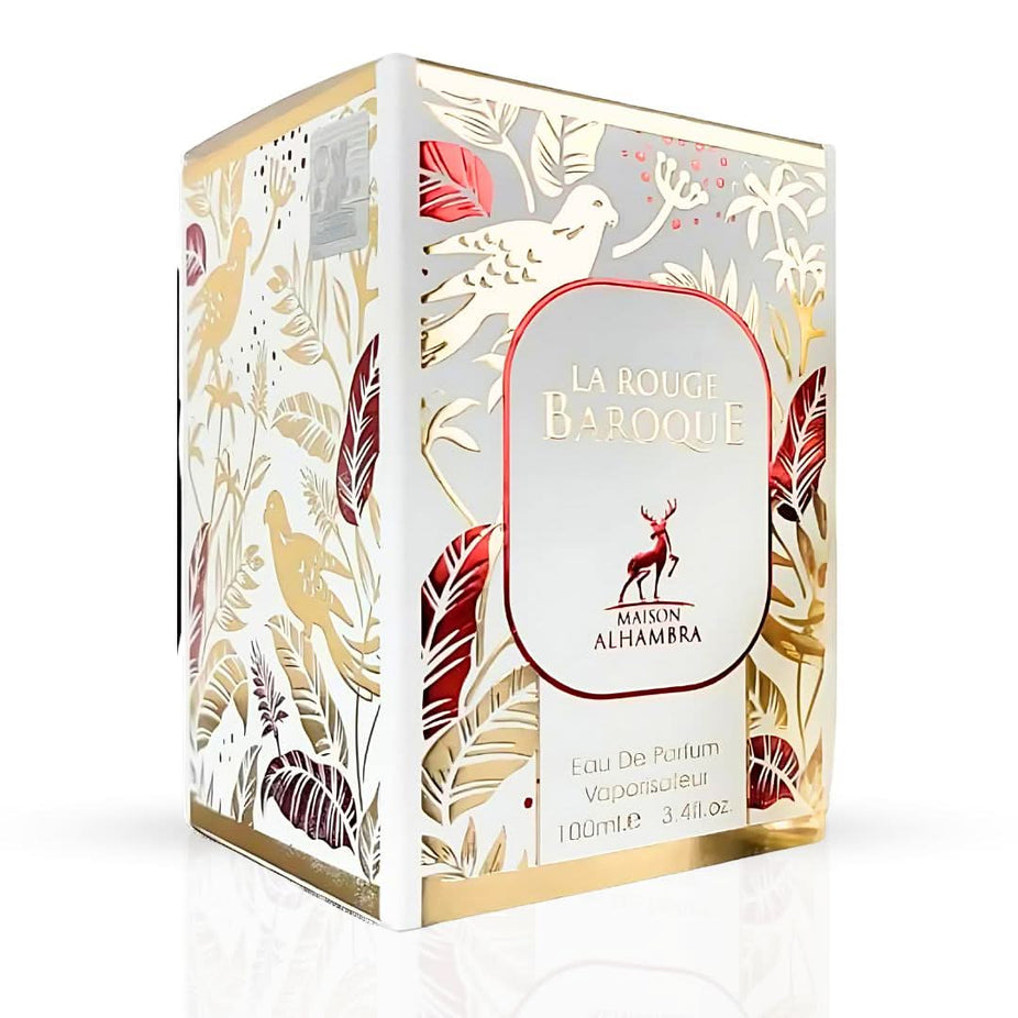 Maison Alhambra La Rouge Baroque Eau de Parfum spray 100ml, elegant bottle with ornate design, showcasing luxurious fragrance.