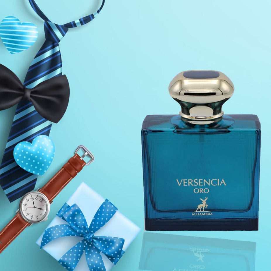 Maison Alhambra Versencia Oro Eau de Parfum spray 100ml, elegant gold bottle showcasing luxurious fragrance.