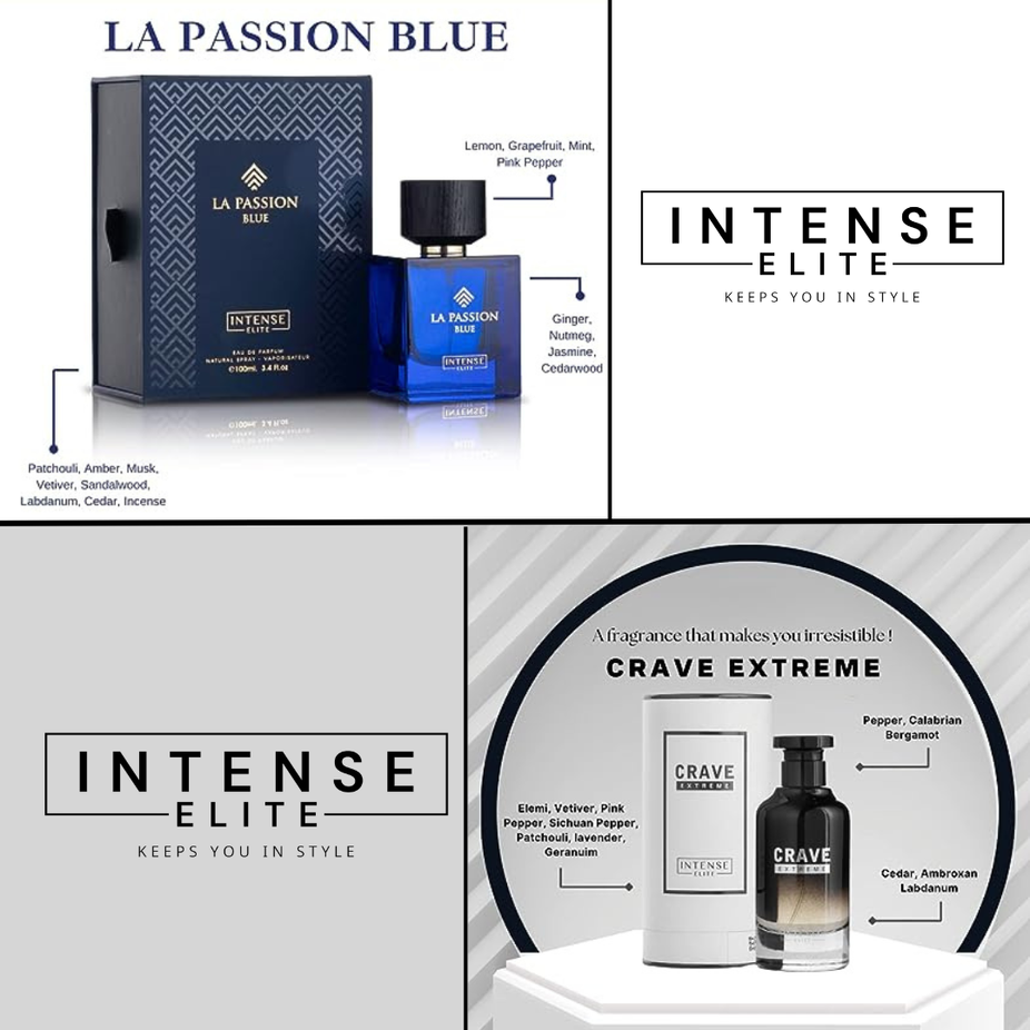 Luxury collection men's Eau De Parfum by Intense Elite, Crave Extreme and La Passion Blue 100ml bottles shown.