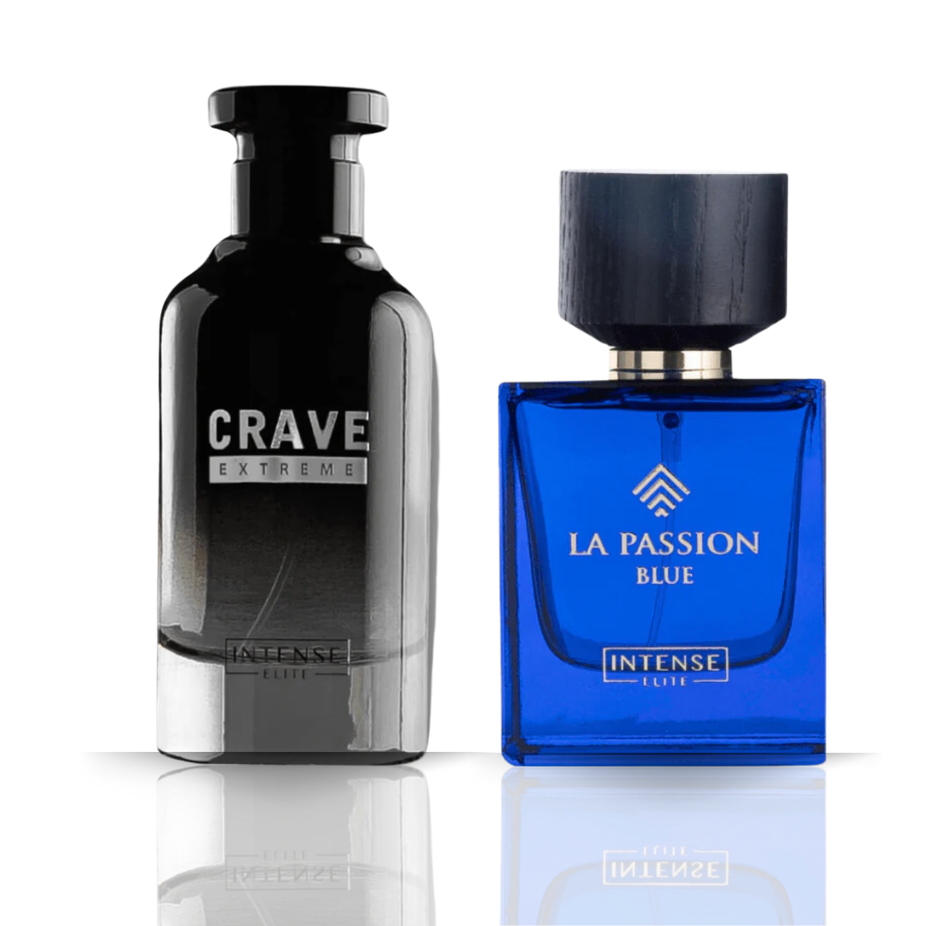 Luxury collection men's Eau De Parfum by Intense Elite, Crave Extreme and La Passion Blue 100ml bottles.