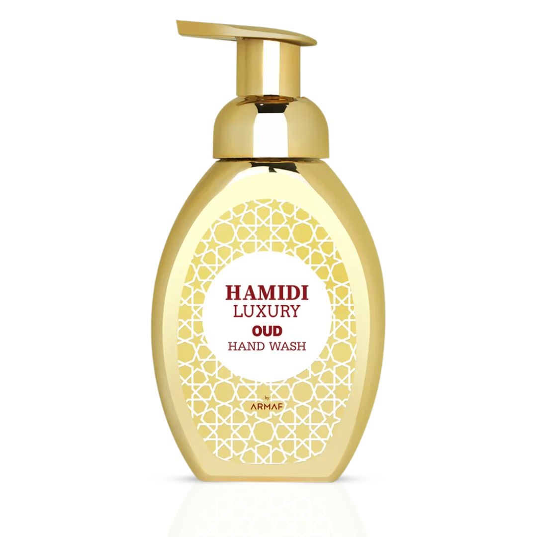 Hamidi Luxury Oud Hand Wash 350ml bottle with elegant label and gold accents, showcasing a luxurious personal care product.