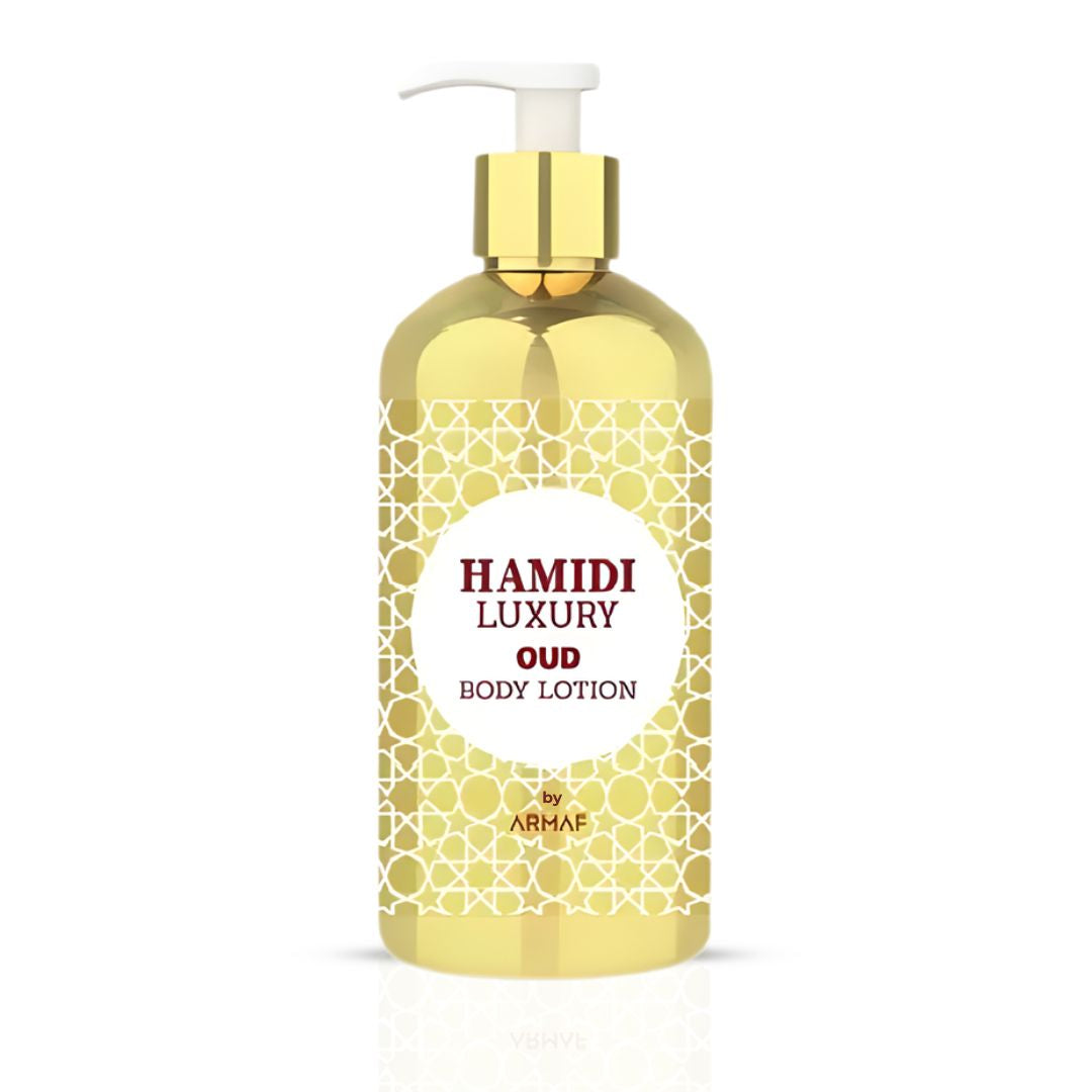Hamidi Luxury Oud Body Lotion 500ml bottle with elegant packaging and a luxurious scent, designed for nourishing skin.