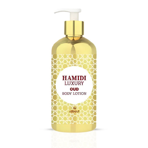 Hamidi Luxury Oud Body Lotion 500ml bottle with elegant packaging and a luxurious scent, designed for nourishing skin.