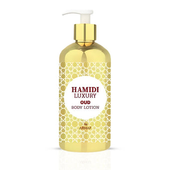 Hamidi Luxury Oud Body Lotion 500ml bottle with elegant packaging and a luxurious scent, designed for nourishing skin.