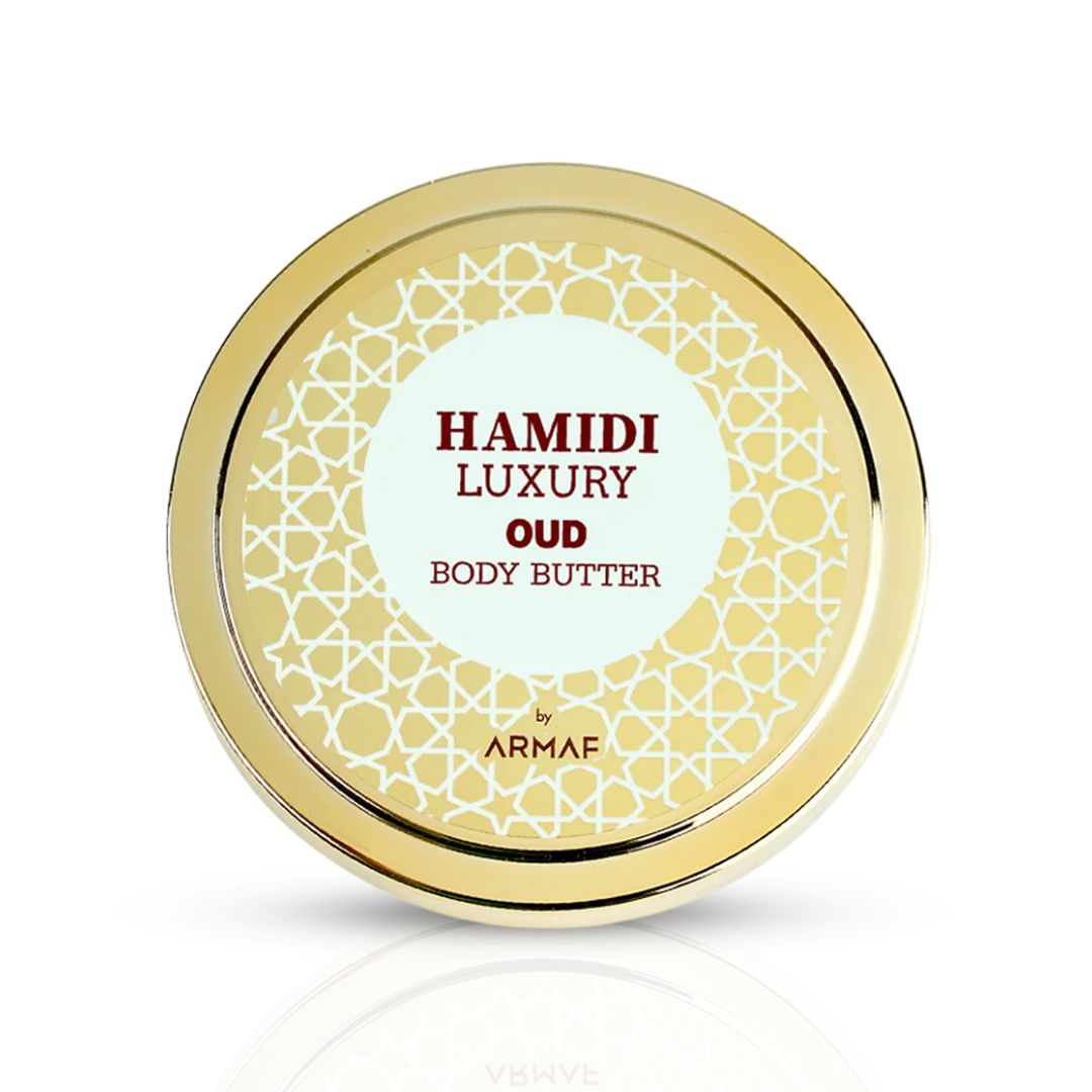 Hamidi Luxury Oud Body Butter jar with 250ml size, creamy texture and luxurious Oud fragrance, displayed in a sleek container.