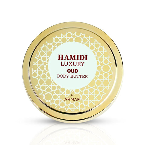 Hamidi Luxury Oud Body Butter jar with 250ml size, creamy texture and luxurious Oud fragrance, displayed in a sleek container.