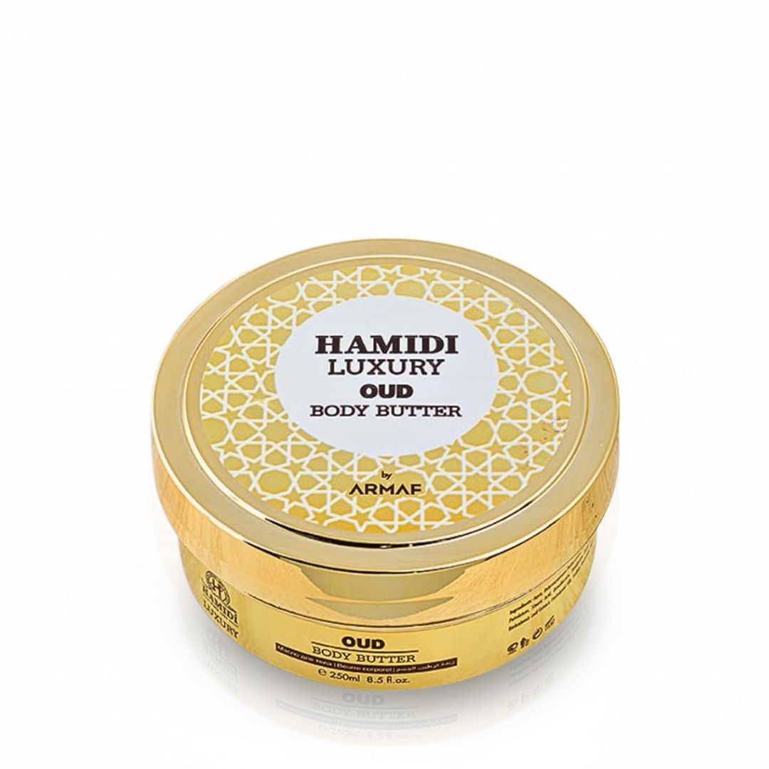 Hamidi Luxury Oud Body Butter 250ml jar with elegant packaging and a smooth, creamy texture visible in the image.