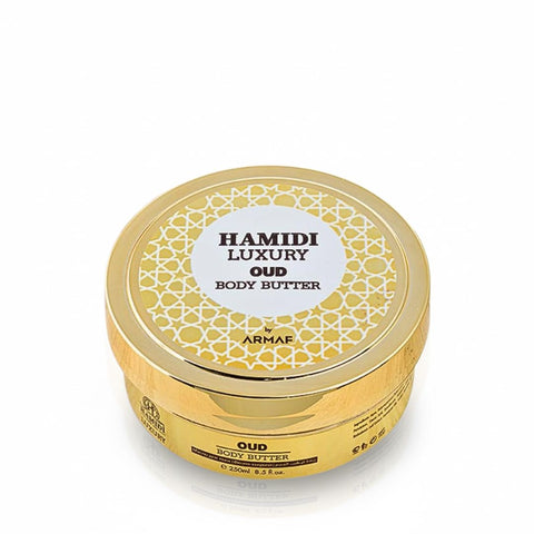 Hamidi Luxury Oud Body Butter 250ml jar with elegant packaging and a smooth, creamy texture visible in the image.