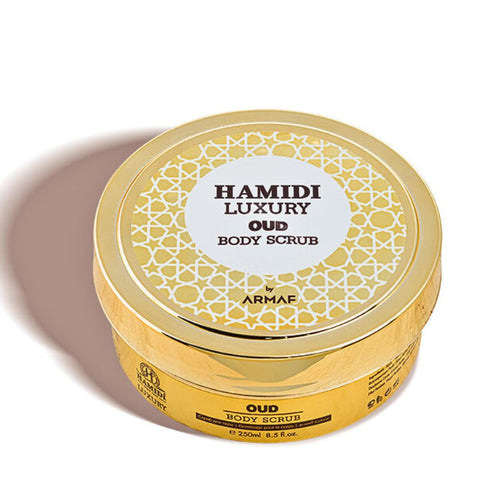 Hamidi Luxury Oud Body Scrub 250ml with natural ingredients, showcasing a jar of exfoliating body scrub for soft, smooth skin