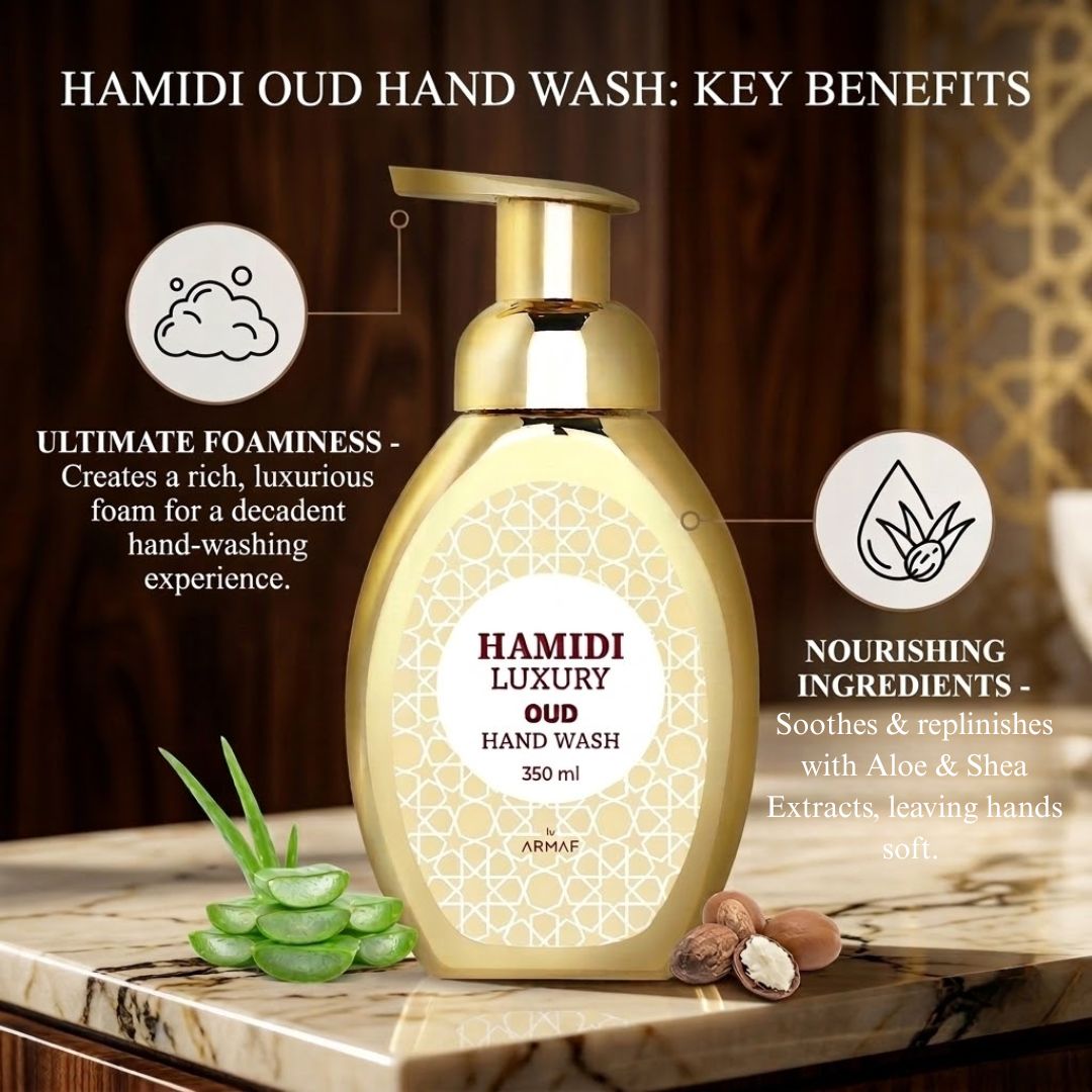 Hamidi Luxury Oud hand wash bottle with elegant label and pump dispenser, showcasing luxurious packaging and rich Oud scent.