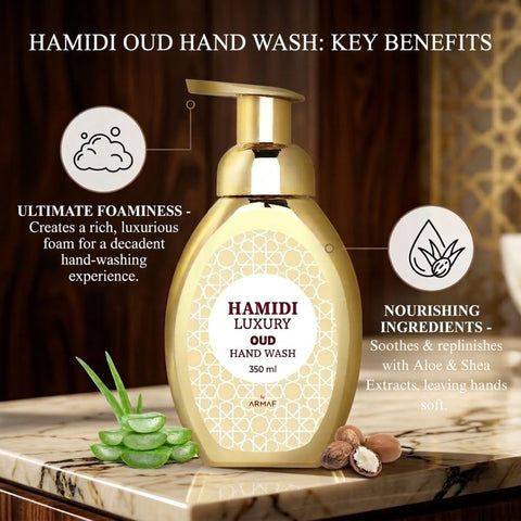Hamidi Luxury Oud hand wash bottle with elegant label and pump dispenser, showcasing luxurious packaging and rich Oud scent.