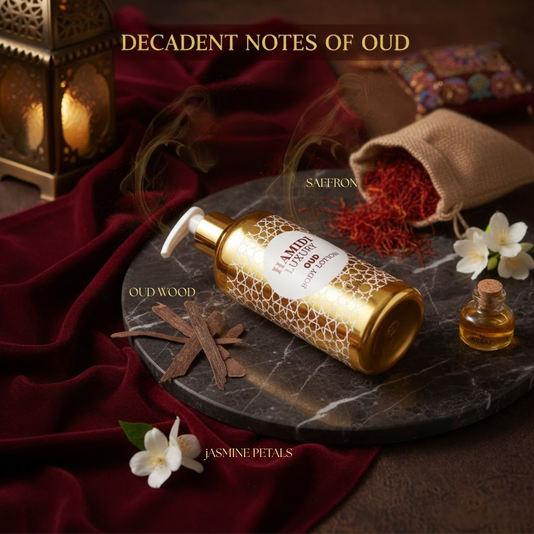Hamidi Luxury Oud Body Lotion 500ml bottle with elegant packaging and a luxurious label, showcasing the product's premium design.
