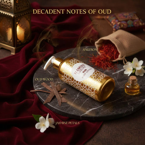 Hamidi Luxury Oud Body Lotion 500ml bottle with elegant packaging and a luxurious label, showcasing the product's premium design.