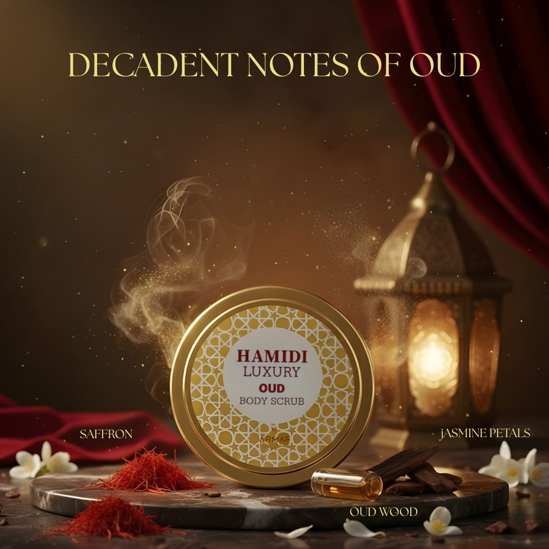 Hamidi Luxury Oud Body Scrub 250ml with natural ingredients, featuring a jar of exfoliating cream for soft, smooth skin.