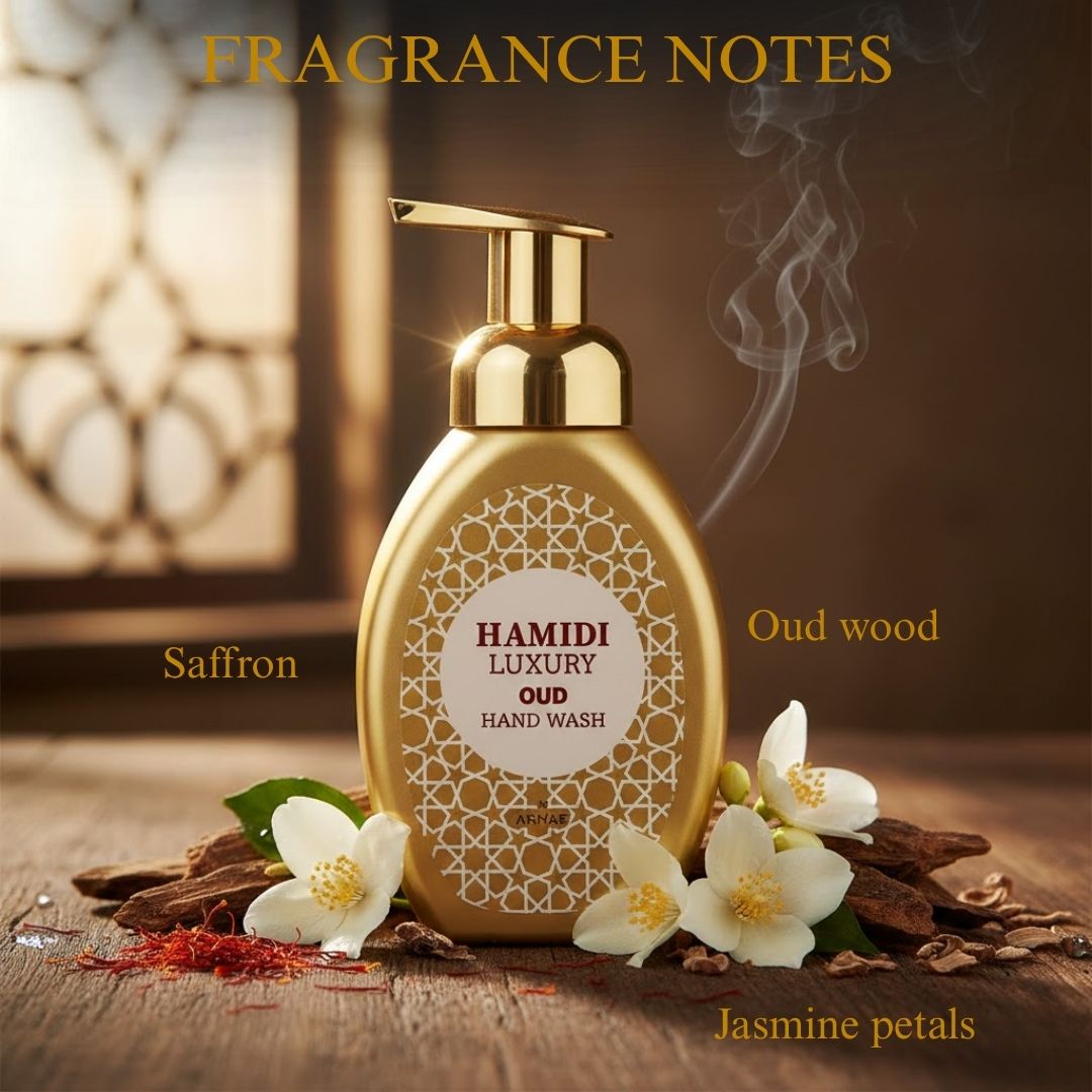 Hamidi Luxury Oud hand wash bottle with elegant label, 350ml (11.9 oz), featuring a luxurious oud scent and sophisticated design.