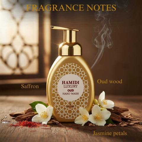 Hamidi Luxury Oud hand wash bottle with elegant label, 350ml (11.9 oz), featuring a luxurious oud scent and sophisticated design.