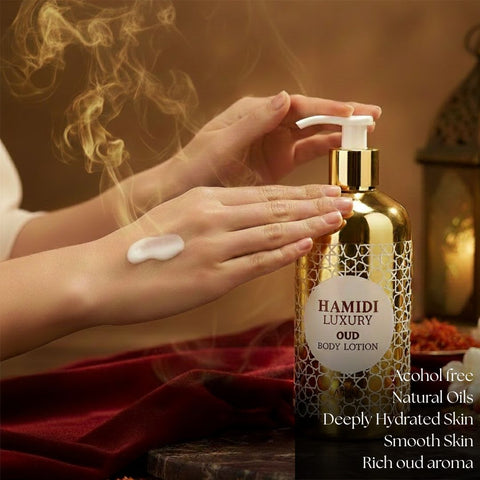 Hamidi Luxury Oud Body Lotion 500ml bottle with elegant packaging and a smooth, creamy texture visible in the image.