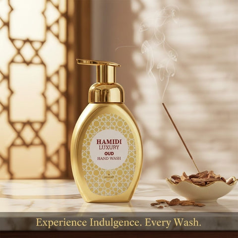 Hamidi Luxury Oud hand wash bottle with elegant label, 350ml (11.9 oz), showcasing the luxurious fragrance and packaging.