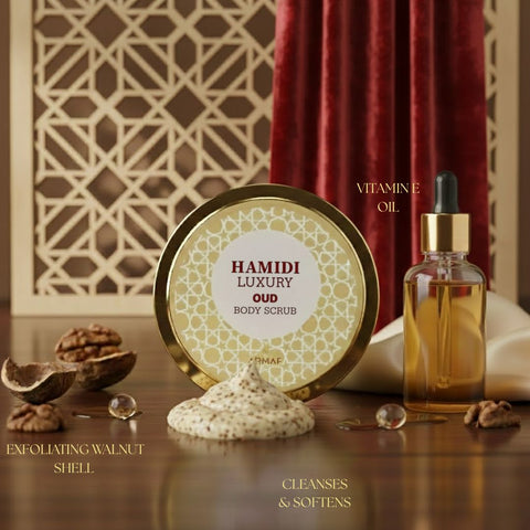 Hamidi Luxury Oud Body Scrub 250ml with natural exfoliants, shown in a sleek jar, designed for soft and smooth skin.