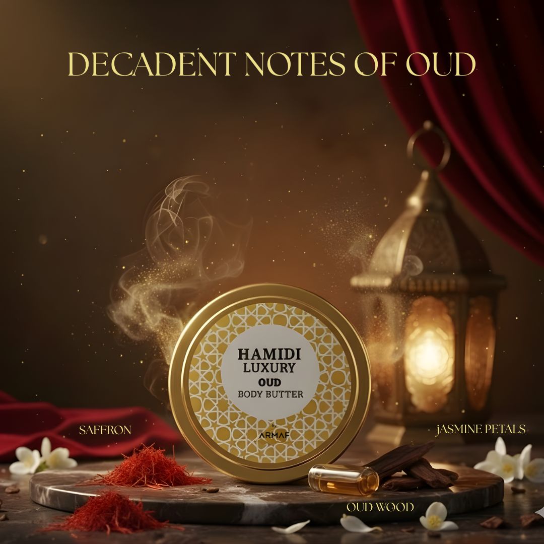 Luxury Oud Body Butter by Hamidi in 250ml jar, creamy texture with a rich oud scent, perfect for nourishing skin.