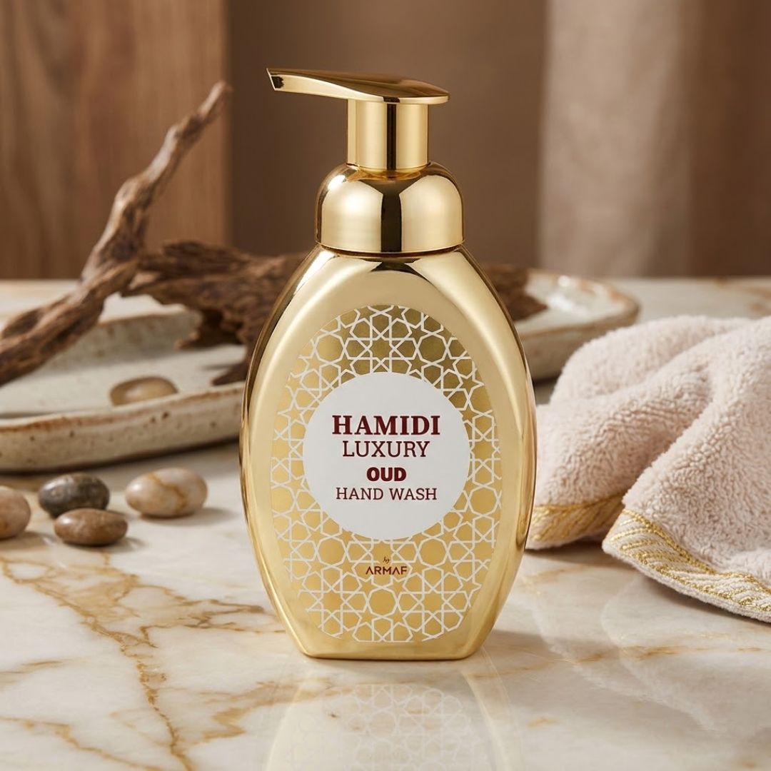 Hamidi Luxury Oud Hand Wash bottle with elegant label and black pump dispenser, 350ml (11.9 oz) size on a white background.