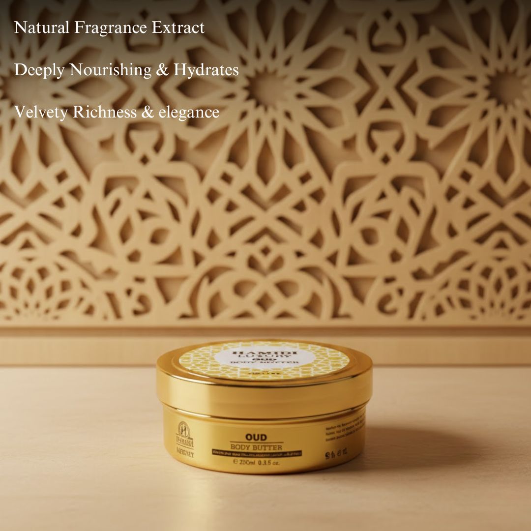 Hamidi Luxury Oud Body Butter 250ml jar with creamy, rich texture and elegant packaging for nourishing skincare.