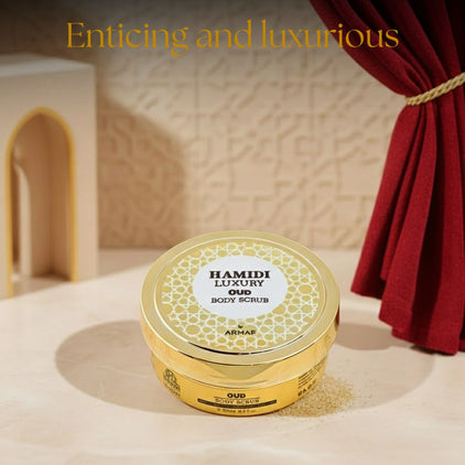 Hamidi Luxury Oud Body Scrub 250ml with natural exfoliants, showcasing a sleek jar and a luxurious, fragrant oud-inspired design.