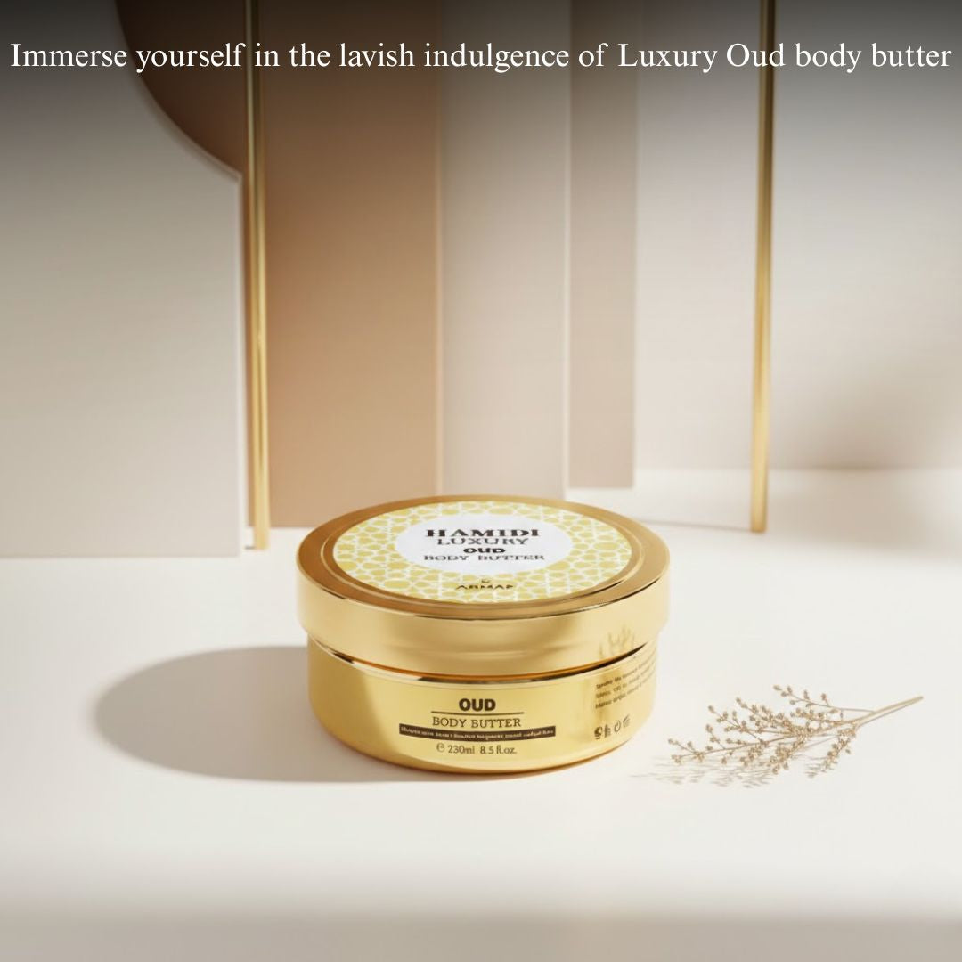 Hamidi Luxury Oud Body Butter 250ml jar with elegant packaging and smooth, creamy texture visible in the image.