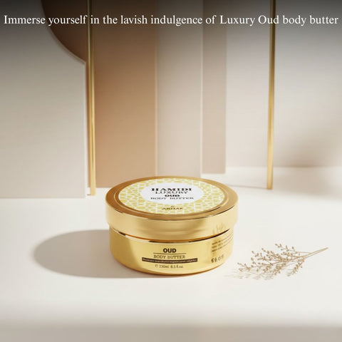 Hamidi Luxury Oud Body Butter 250ml jar with elegant packaging and smooth, creamy texture visible in the image.