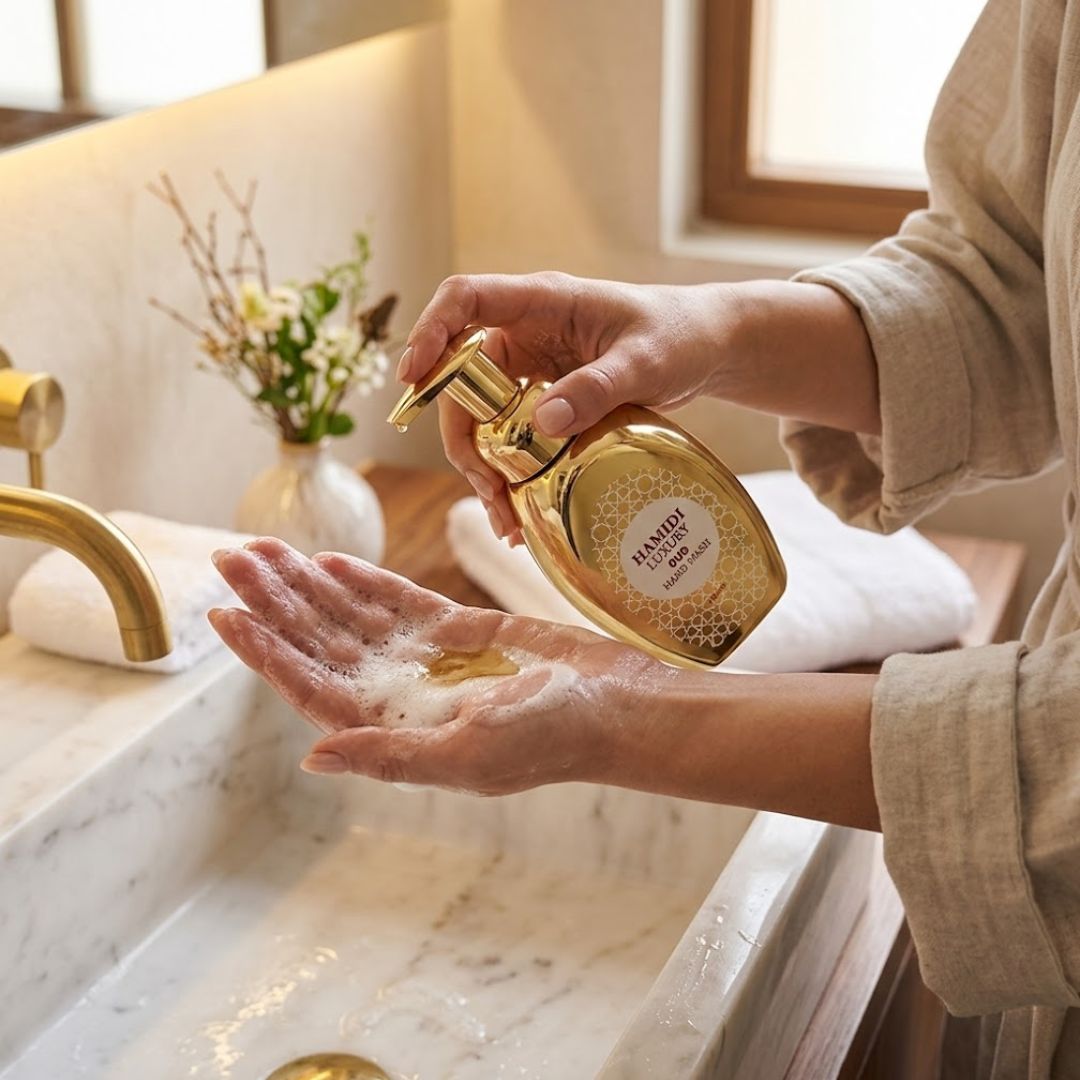Hamidi Luxury Oud Hand Wash 350ml bottle with elegant label and luxurious design, showcasing the premium hand wash product.