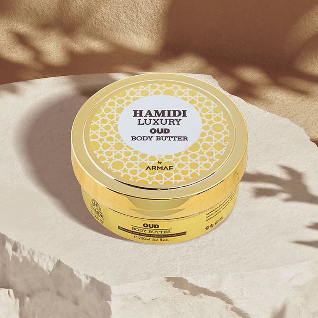 Luxurious Oud body butter by Hamidi in a 250ml jar, featuring rich, creamy texture and elegant packaging.