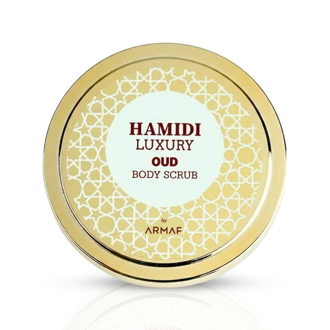 Hamidi Luxury Oud Body Scrub in 250ml container, exfoliating for soft, smooth skin with naturally derived ingredients.