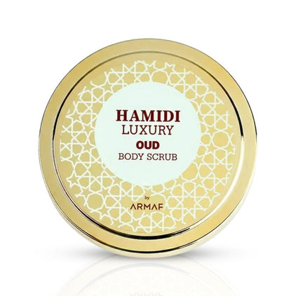 Hamidi Luxury Oud Body Scrub in 250ml container, exfoliating for soft, smooth skin with naturally derived ingredients.