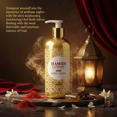 Hamidi Luxury Oud Body Lotion 500ml, creamy lotion with luxurious oud scent, shown in a sleek white bottle.