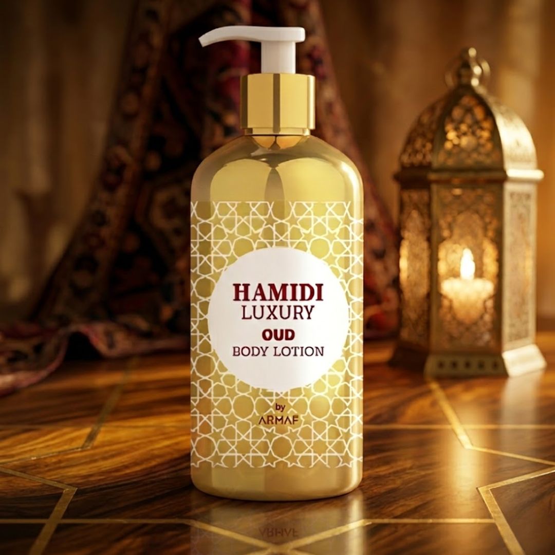 Hamidi Luxury Oud body lotion 500ml bottle featuring elegant packaging and a luxurious Oud fragrance.