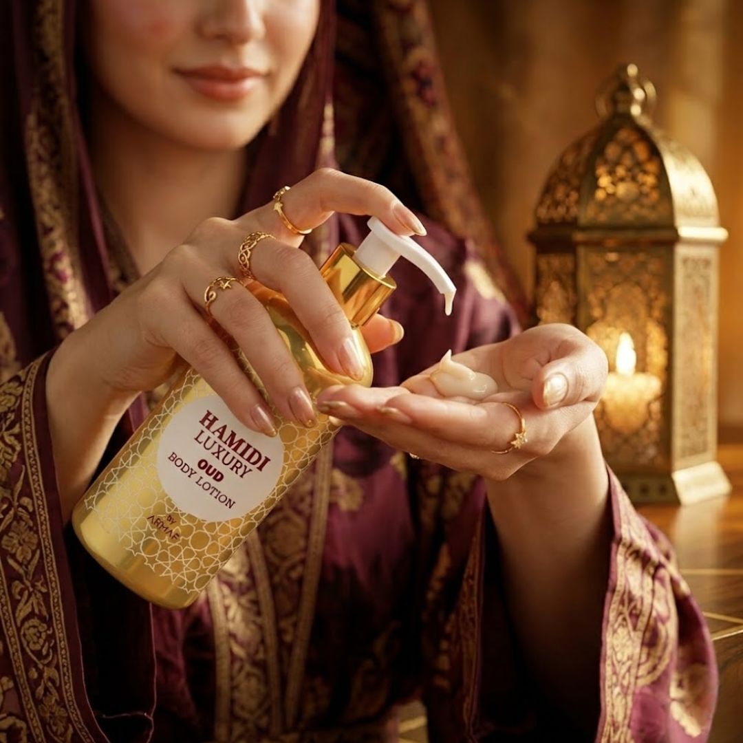 Hamidi Luxury Oud Body Lotion 500ml bottle with elegant packaging and a smooth, creamy texture visible.