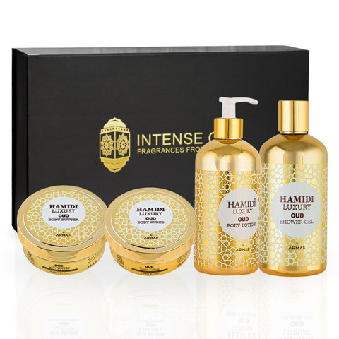 4PCS LUXURY OUD - Bath & Body Gift Set Magnetic Box By Hamidi | Ultra Moisturizing, Skin-Nourishing, Naturally Derived Ingredients. (PACK OF 4) - Intense Oud