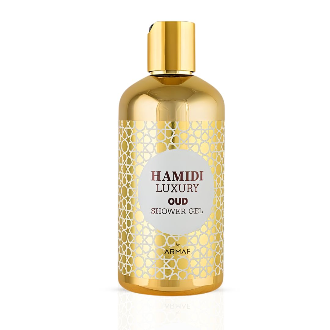 Hamidi Luxury Oud Shower Gel 500ml bottle with elegant label and gold accents, showcasing the premium product design.