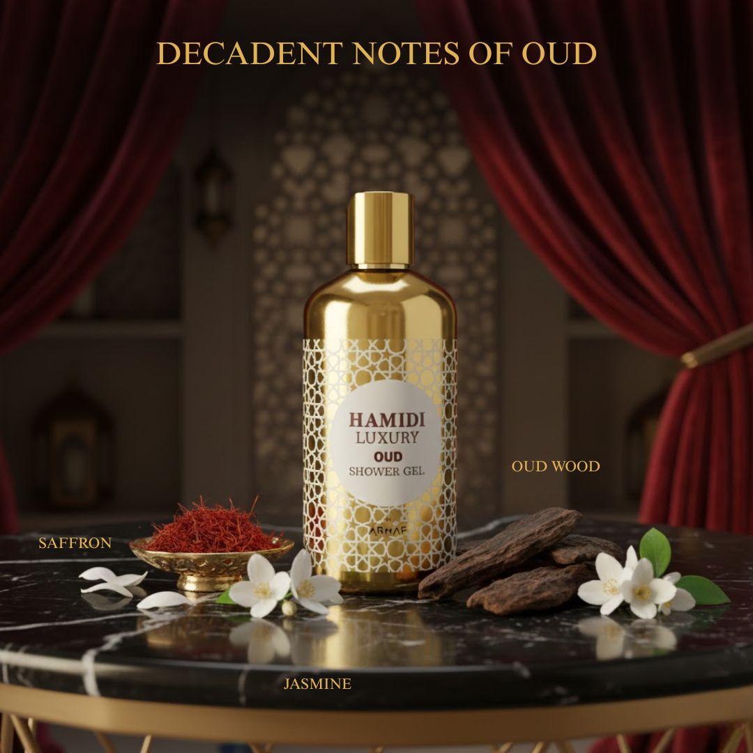 Luxury Oud Shower Gel by Hamidi in a 500ml bottle, featuring a rich, fragrant oud scent and a sleek, elegant packaging.