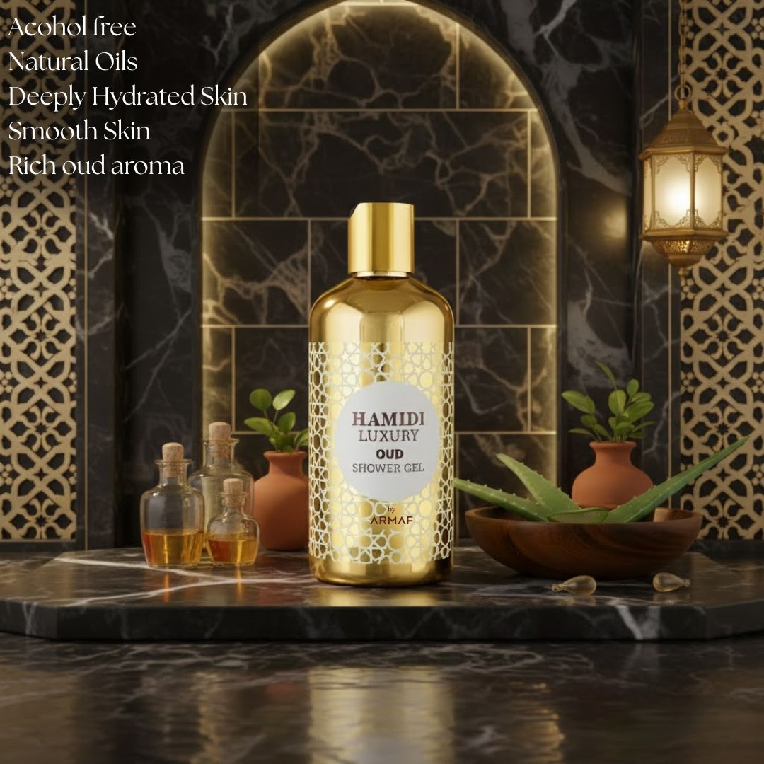 Hamidi Luxury Oud Shower Gel 500ml bottle with elegant label and luxurious packaging, showcasing the product's sophisticated design.