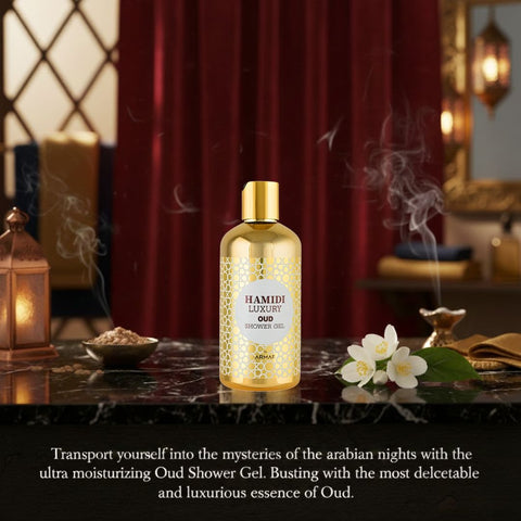 Hamidi Luxury Oud Shower Gel 500ml bottle with elegant gold and black label, showcasing the luxurious packaging.